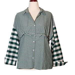 Zara Trafaluc Mixed Plaid Gingham Checkered Ruffle Detail Button Down Blouse L